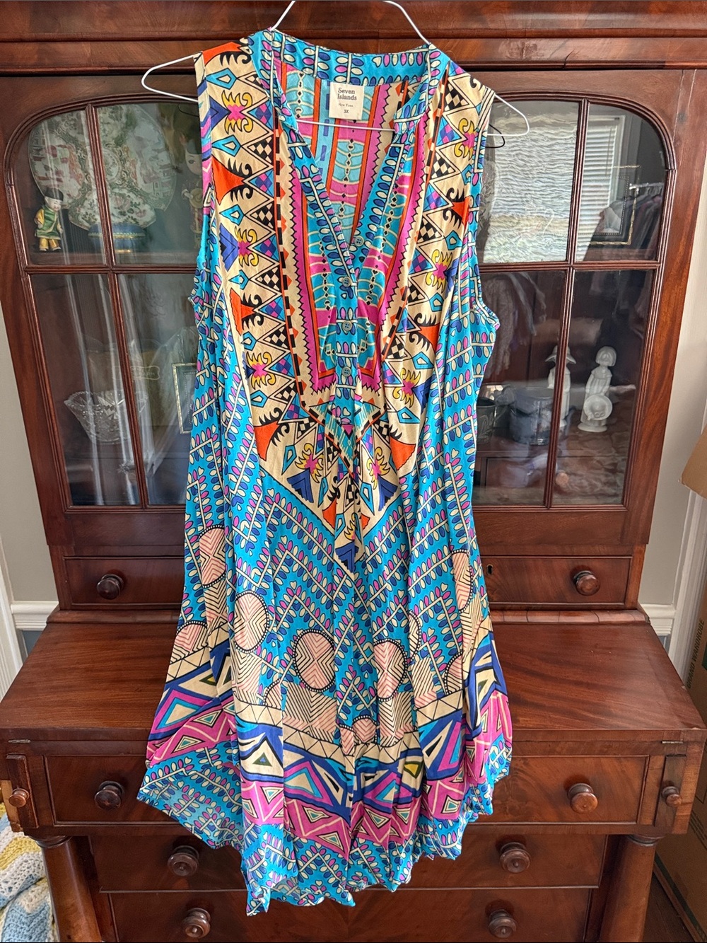 Sleeveless V-Neck Midi Dress in Teal & Pink Tribal Print